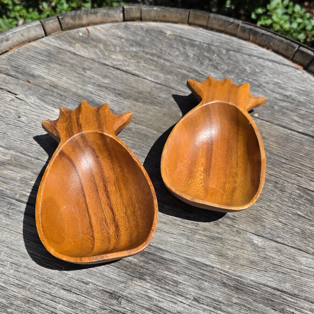 Pair Monkey Pod Wooden Pineapple Bowls Vintage MCM Appetizers Olive Servers